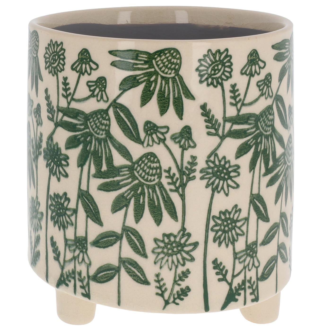 Shudehill Giftware Ceramic Planters – Cat Face Pots & Floral Pattern Plant Holders – Decorative Indoor Planters for Succulents & Houseplants (Daisy Large Floral Planter Green)