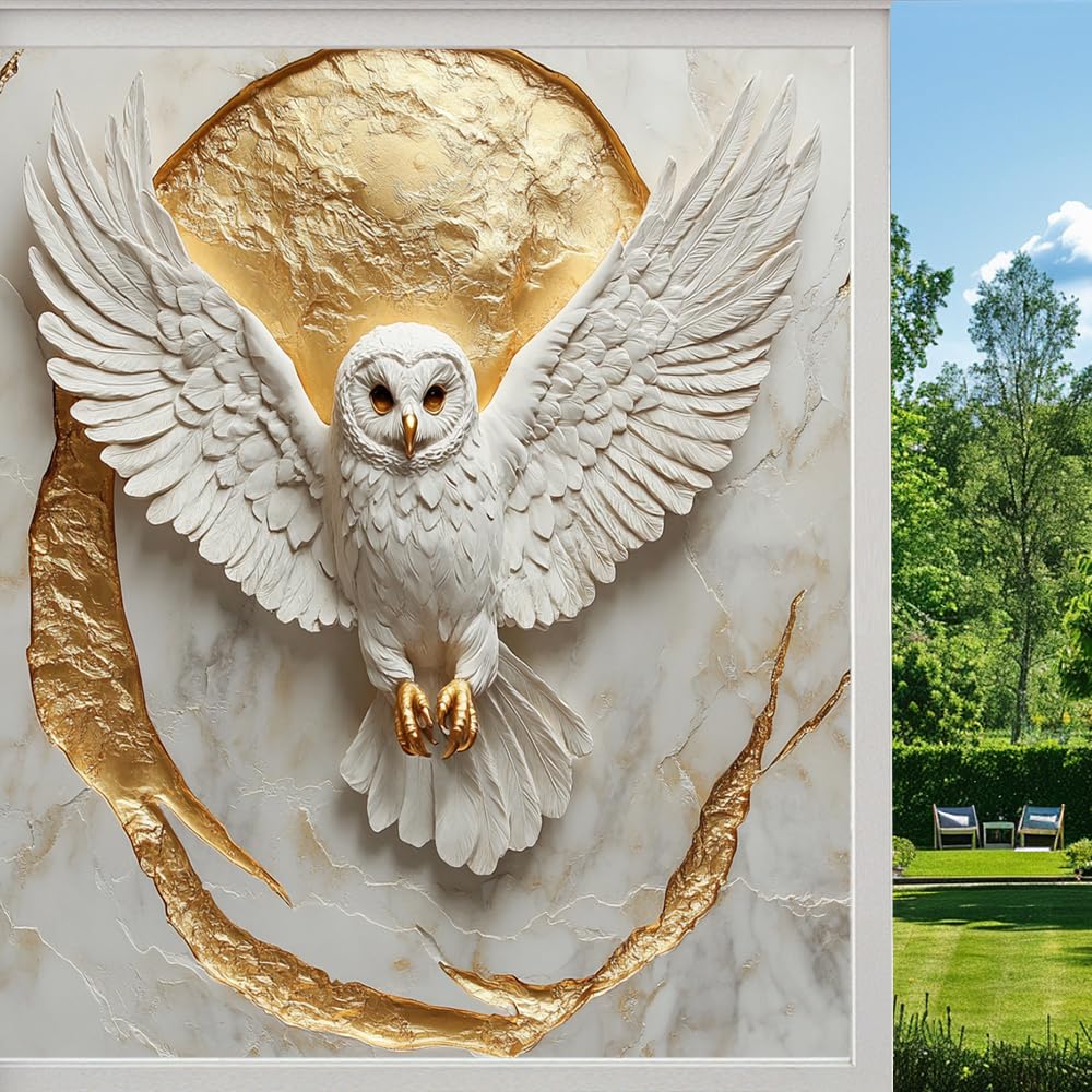 Beautiful Owl Stained Glass Window Film, Modern Abstract Moon Nature Bird Peel and Stick Privacy Film, Frosted Adhesive Vinyl Decorative for Bathroom Windows Glass Doors,（50x80cm）
