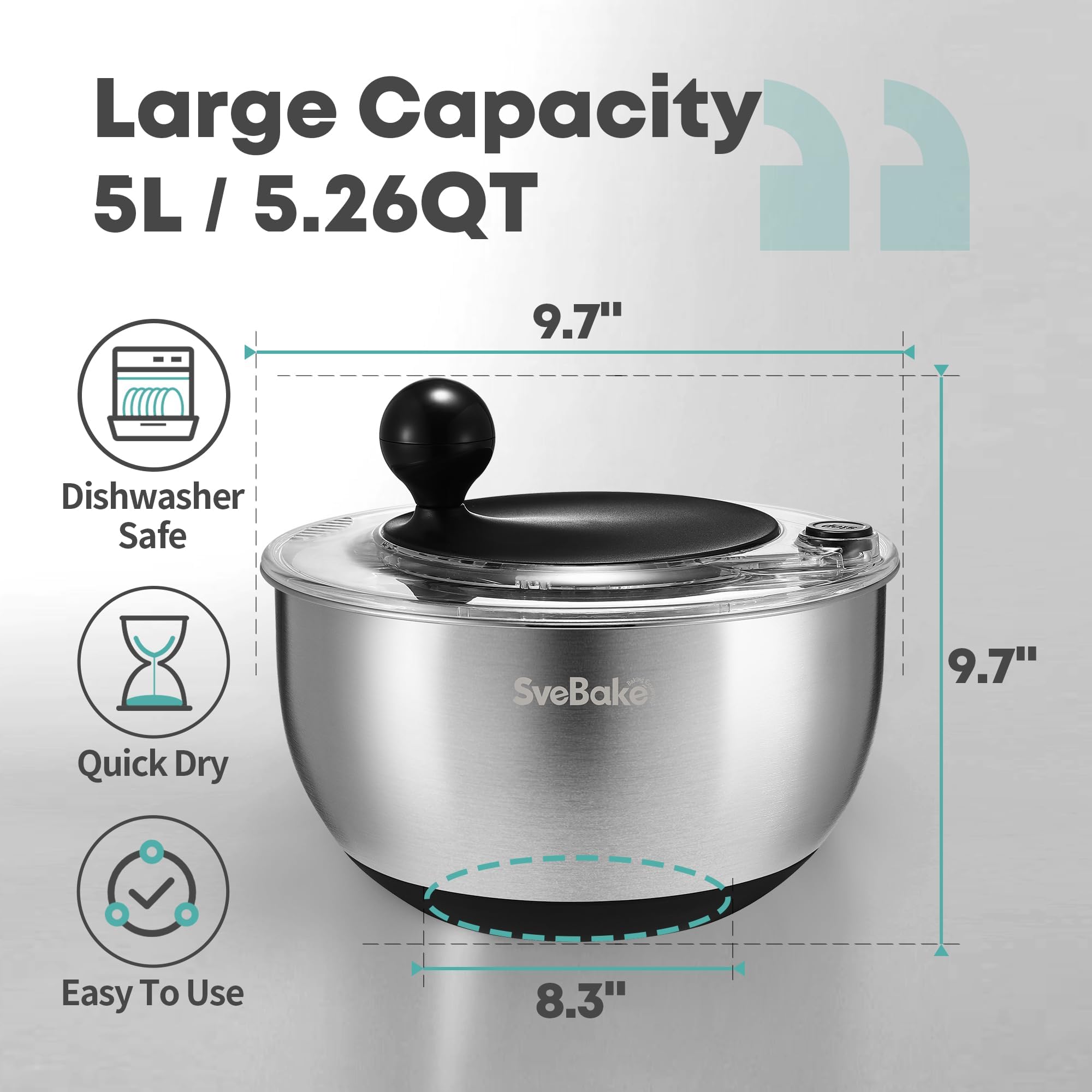 SveBake 5L Salad Spinner in Acciaio Inox con Pulsante di Arresto, Centrifuga per Verdure Senza BPA, Coperchio Trasparente e Foro di Scolo, Fondo Antiscivolo, Salad Spinner Lavabile in Lavastoviglie