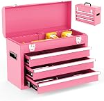 3 Drawer Metal Tool Box, Portable Metal Tool Box with EVC Liners and Latches Closure, Heavy Duty Steel Tool Chest with Ball Bearing Opening and Powder Coated Finish, Black