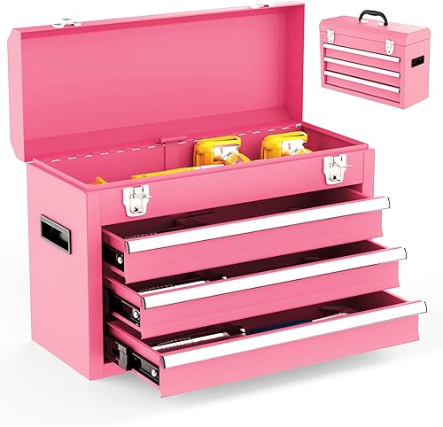 Miniatura 1 de Caja de herramientas de metal de 3 cajones, caja de herramientas de metal portátil con forro EVC y cierre de cierres, baúl de herramientas de acero