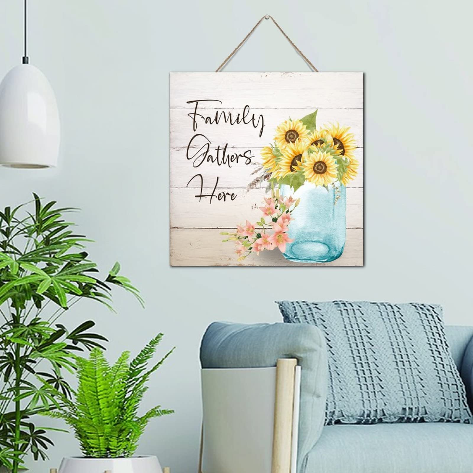 Plaque en bois personnalisée Family Gathers Here et aquarelle florale pour salon