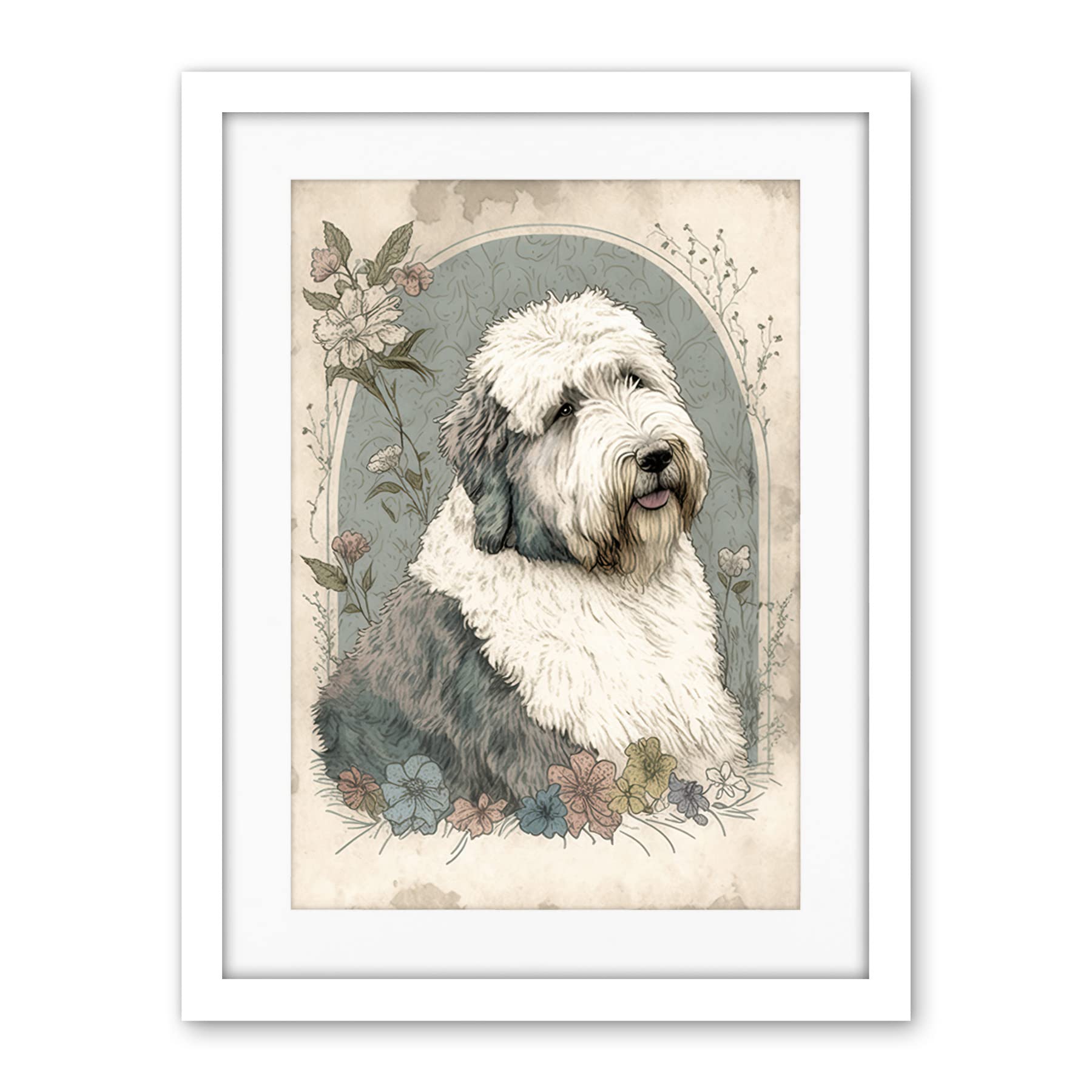Artery8 English Sheepdog with Flower Blooms Boho Portrait Watercolour Illustration Artwork Framed Wall Art Print 18X24 Inch