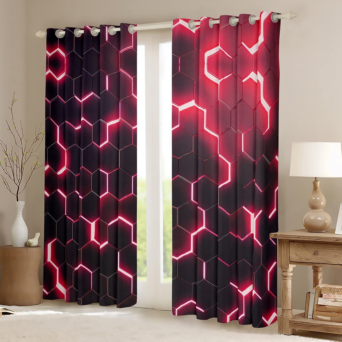 3D Honeycomb Curtains for Bedroom Hexagon Window Treatment Glitter Window Drapes Red Window Draperies for Kids Boys Girls Adults W46*L54 - Image 2