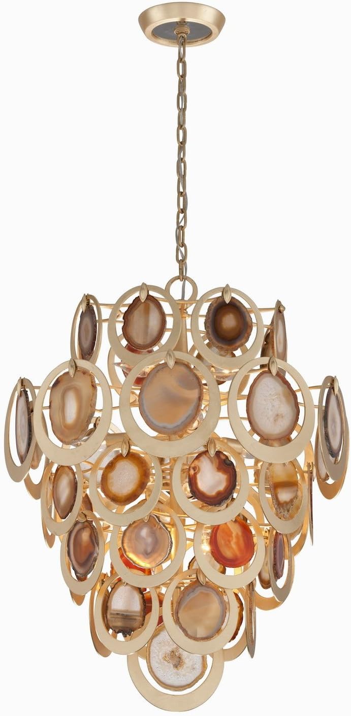 Gold Leaf Rockstar 10 Light Pendant with Hand-Crafted Metal Frame and Natural Agate Stones Diffuser