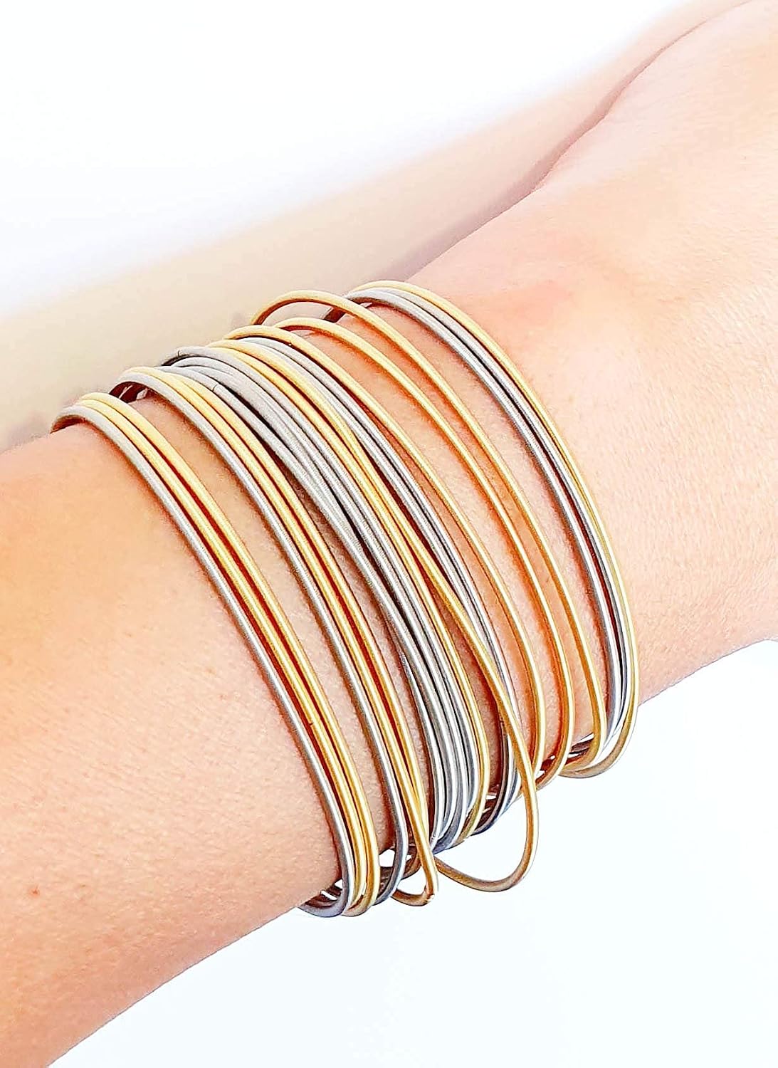 Stainless Steel Coil Bracelets Set of 20 Guitar Strings 10 Gold 10 Silver Stack Layered Flexible