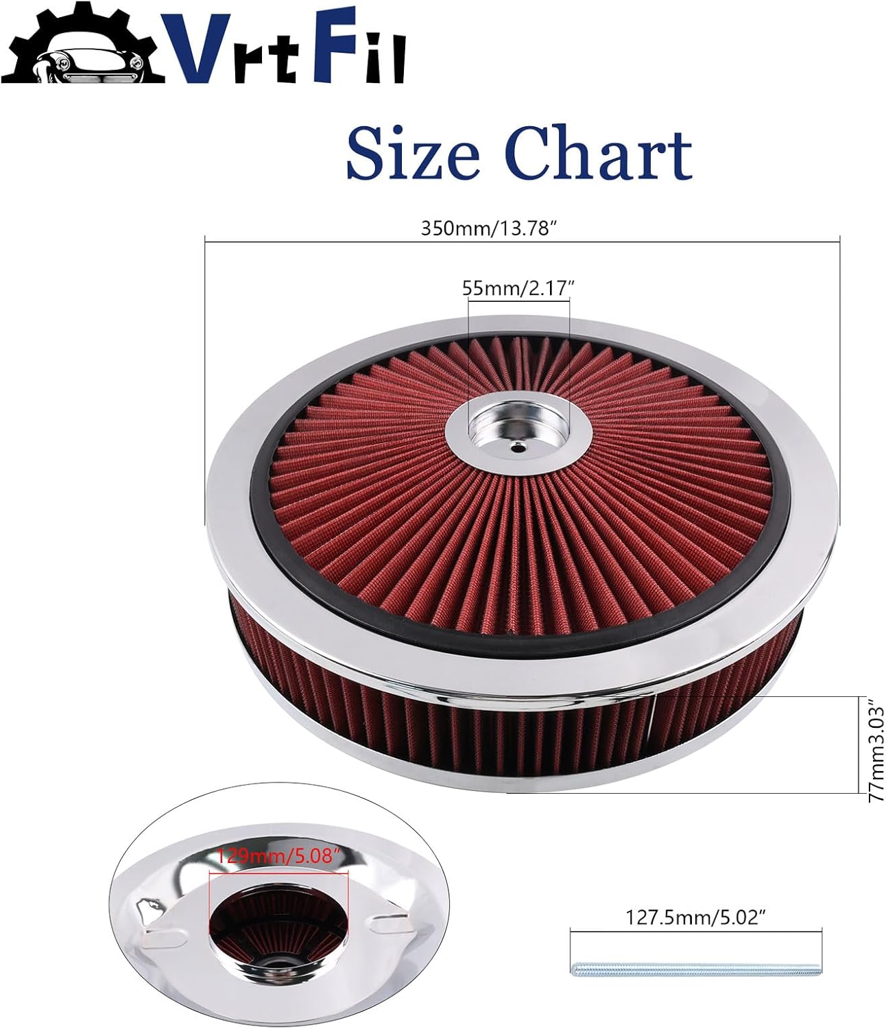 14" x 3" Chrome Red High Flow Air Cleaner Filter Top 5-1/8" Carb Neck for SBC BBC Engines Compatible with GMC Chevy Ford Chrysler Dodge V8 Hot Rod