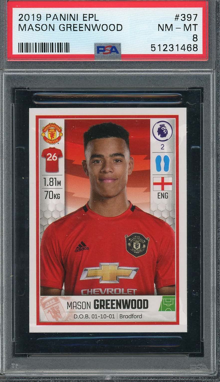 Mason Greenwood 2019 Panini EPL Rookie Card #397 PSA 8