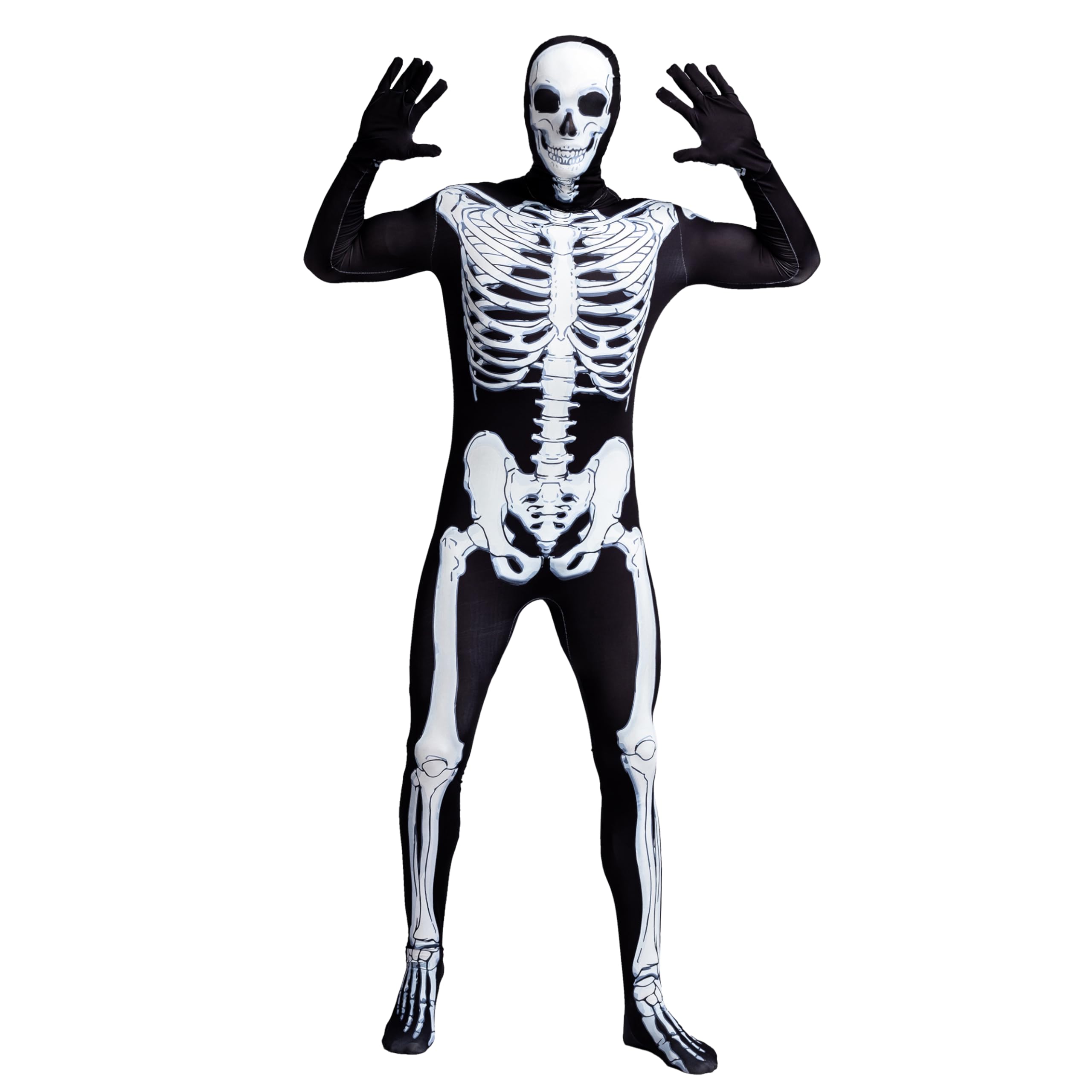 Spooktacular Creations Skeleton Bone Bodysuit Halloween Costumes 2nd Skin for Men with Skeleton Hood Mask