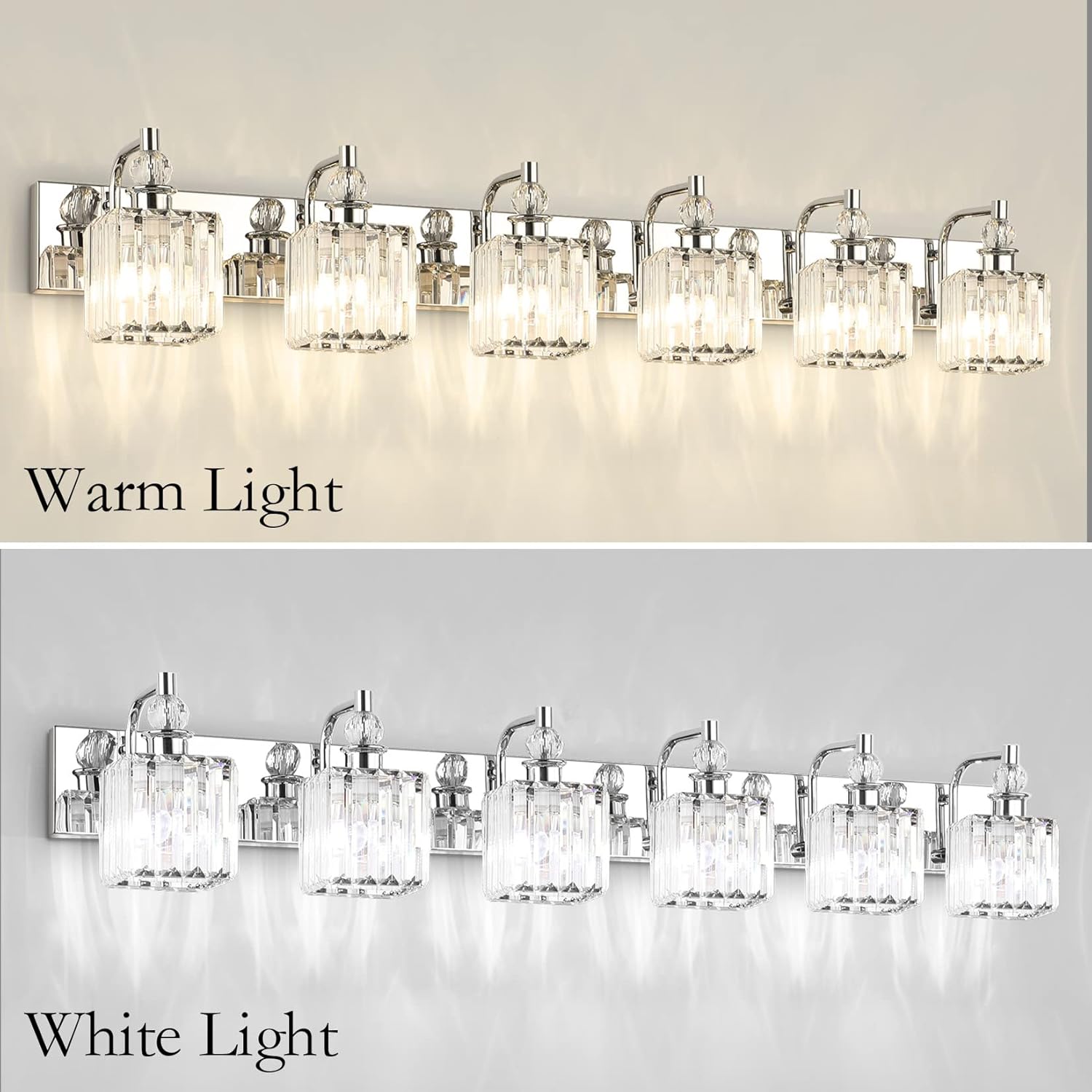 Ralbay Crystal Vanity Light 6 Light 48''Modern Chrome Bathroom Vanity Lighting Over Long Mirror Crystal Bathroom Wall Lighting Fixtures