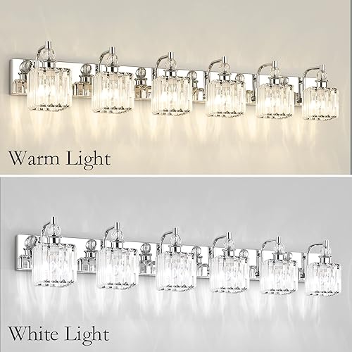 Miniatura 3 de Ralbay Lámpara de tocador de cristal 6 luces de 48 pulgadas moderna iluminación cromada para tocador de baño sobre espejo largo accesorios de