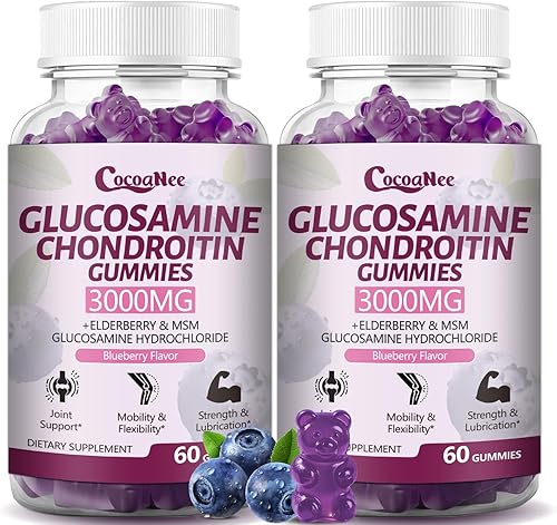 2 paquetes de gomitas de glucosamina condroitina de 3000 mg, suplemento de apoyo articular extra fuerte con MSM y saúco, flexibilidad, gomitas