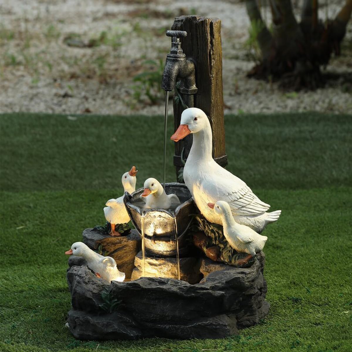 Nicoone Solar Ducks Statue Garden Ornaments Outdoor, Water Fountain Statue Garden Decorations with Solar Powered LED Lights for Patio, Balcony, Yard, Lawn- Unique Housewarming Gifts