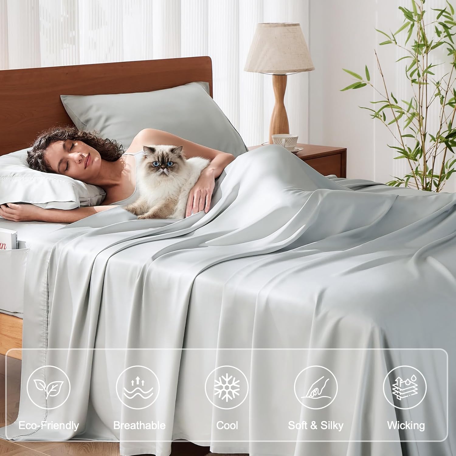 King Size Sheet Set, Viscose Bamboo Sheets for Bed Set 4pcs, 100% Viscose Derived from Bamboo, Hotel Luxury Silky & Cooling for Hot Sleepers, Deep Pocket Up to 17", Light Grey