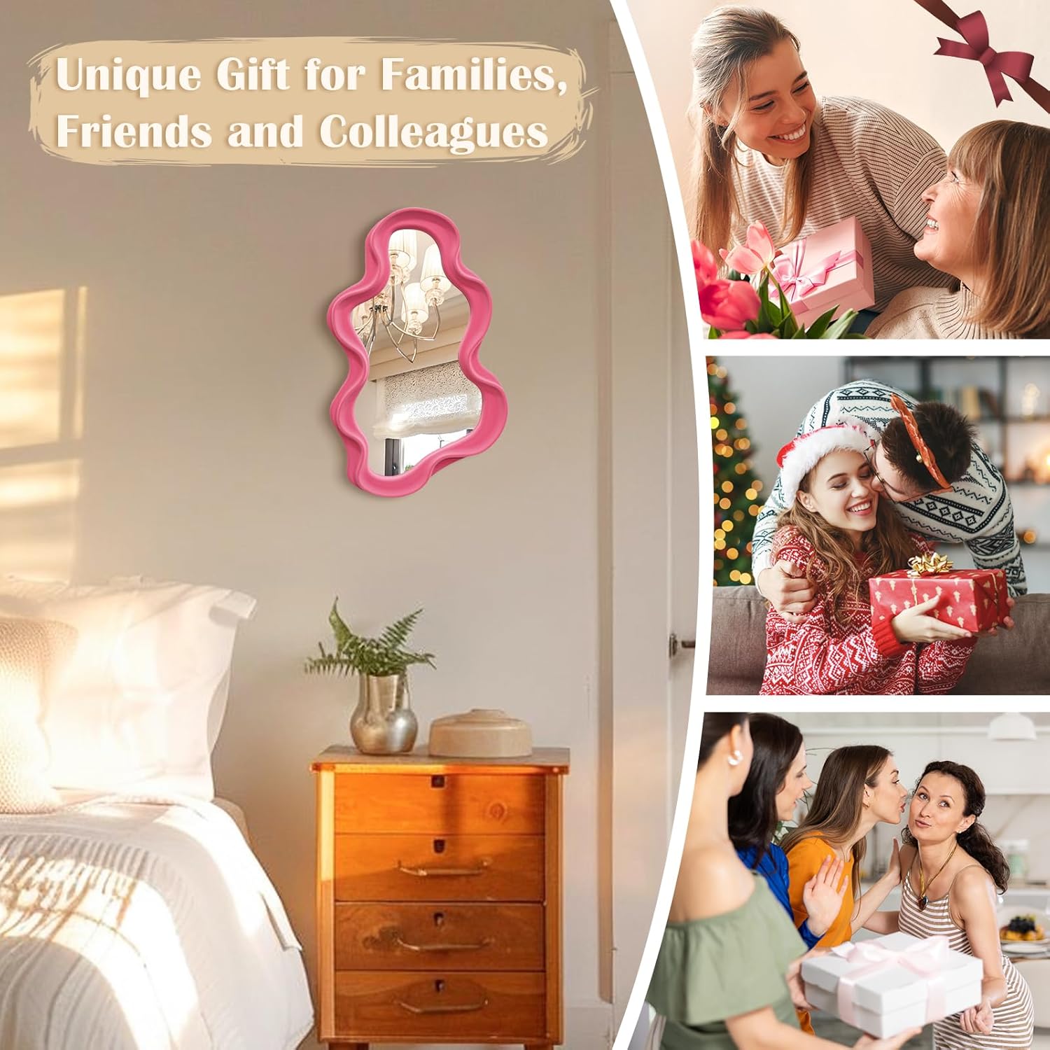 Wavy Mirror Wall Decor for Living Room, Asymmetrical Wall Mounted Mirror for Girly Bedroom Decoration, Velvet Touch Decorative Tray Home Accent for Dining Room Kitchen (Pink)