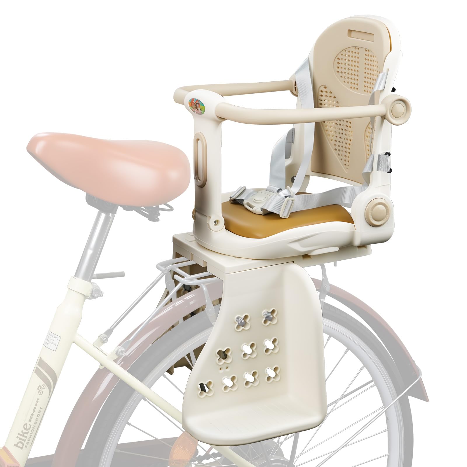 2026 Upgraded Kids Bike Rear Seat, Child Bicycle Seat Adjustable Breathable Backrest Height & 3 Reclining, Rear Wraparound Toddler Bike Seat with Large Footrest Strap Beige
