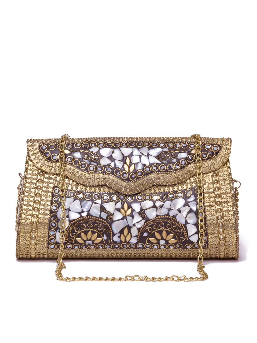 shakuntla vintage Antique Indian Handmade Square mosaic metal bag Women/Girls Bridal metal clutch party sling bag (White)-picture-53