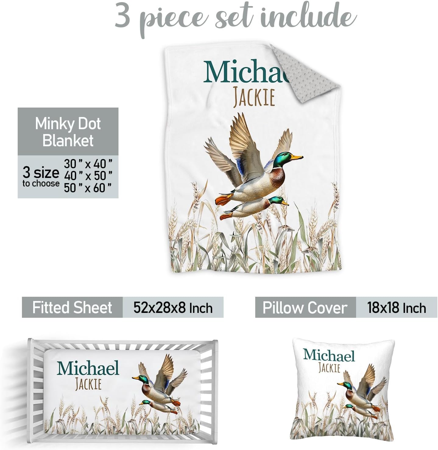 Custom Baby Bedding Set for Boys Girls, Personalized 3 Piece Wild Duck Baby Sets, Dotted Backing Blanket, Fitted Sheet, Nursery Bedding Set for Newborn Toddler Infant