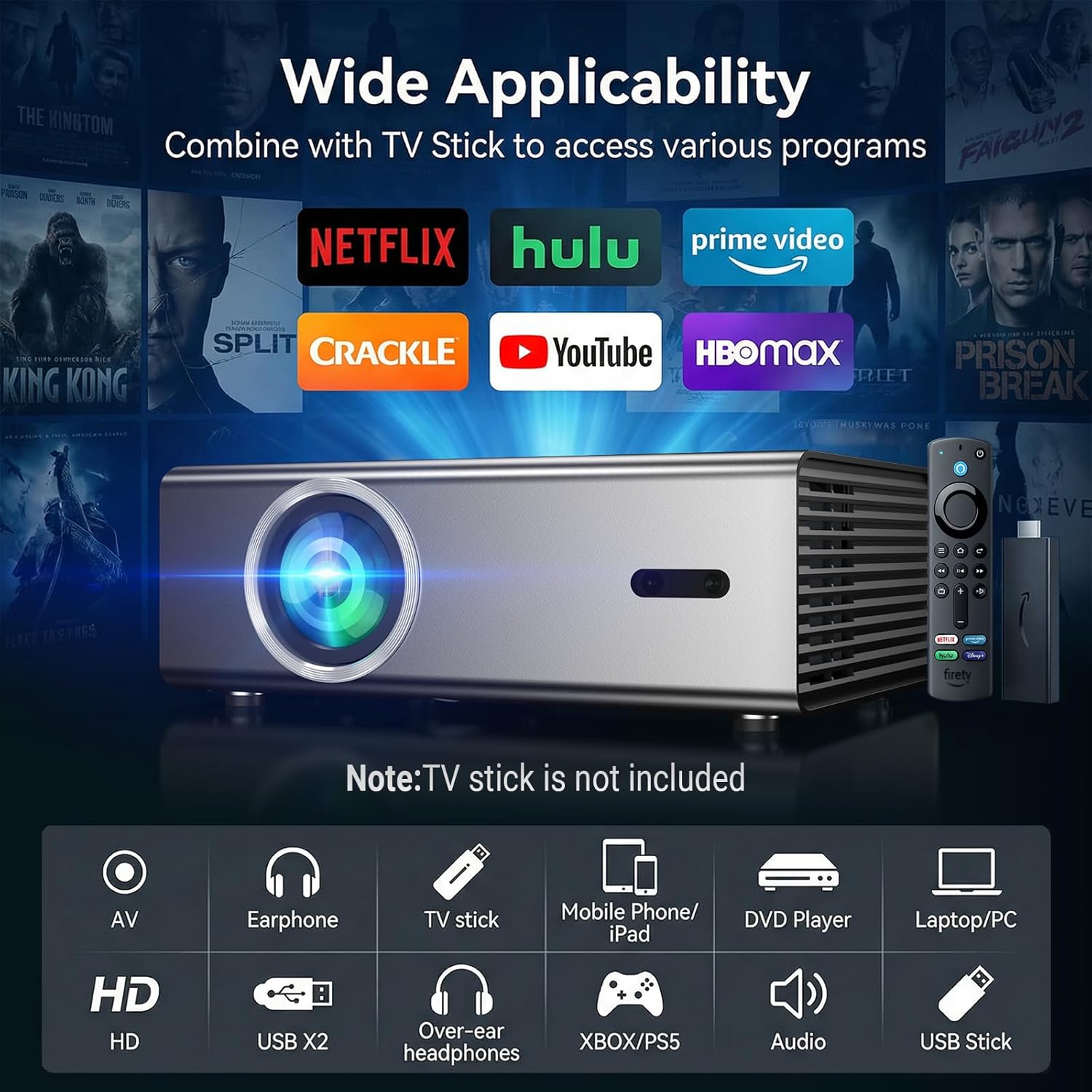 4K 1080P Full HD Portable Mini Projector, Upgraded WiFi 6 & Bluetooth 5.3 Movie Projector, Auto Keystone Correction, Gaming Movie Proyector Indoor/Outdoor Use ,Compatible with TV Stick/Phones/PC-Gray