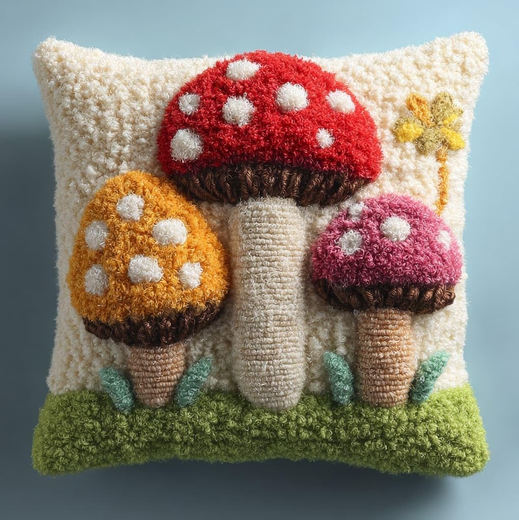WallustrioaW Latch Hook Kit Cushion,Cartoon Mushroom,Latch Hook Kit DIY Pillow Materials Package Embroidery Cross Stitch Gifts,17x17in