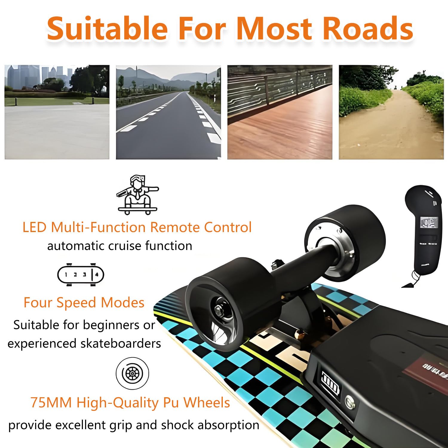 Skateboard électrique avec télécommande, charge maximale 150 kg, portée max 26 km, vitesse maximale 22 km/h, idéal pour adultes et adolescents, parfait pour les débutants