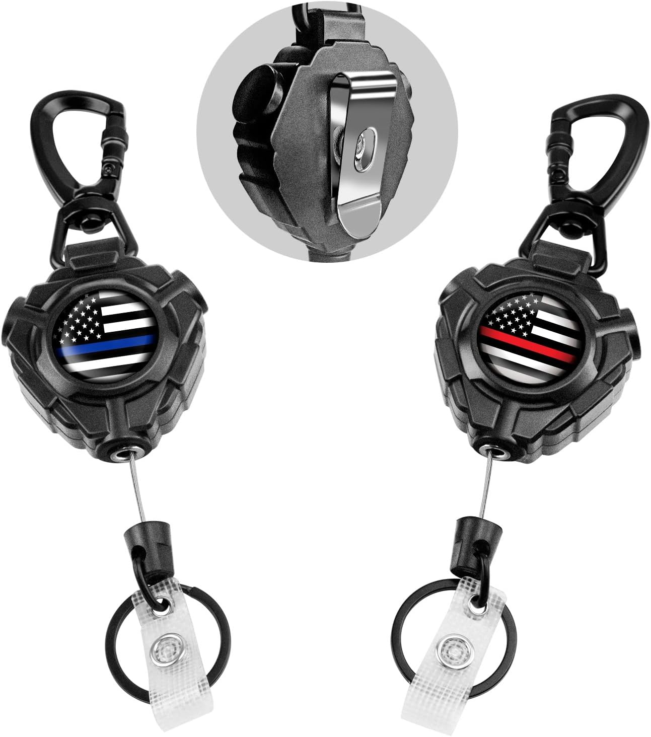bolimoss Retractable Keychain with Belt Clip 2 Pack, Heavy Duty 360° Swivel Carabiner Key Chains, Tactical ID Badge Reels with 32” Wire Rope and Key Ring, Up to 10 oz (USA Flag)