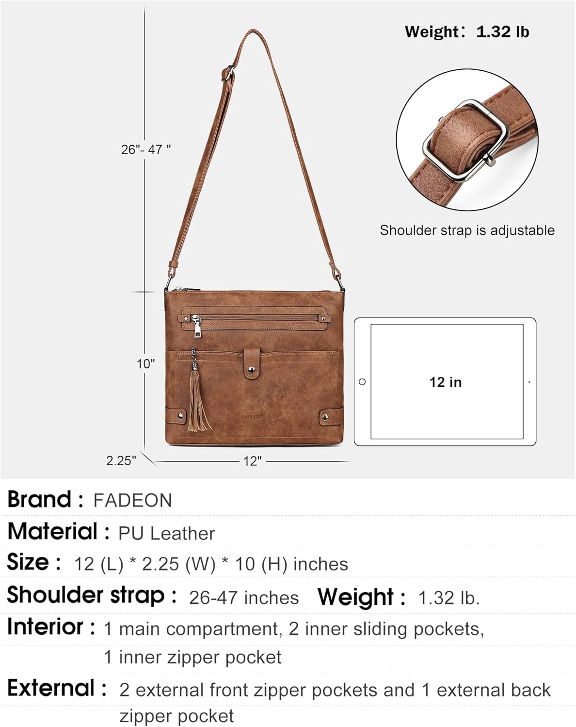 FADEON Large Crossbody Purses for Women Crossbody Bag, Designer Leather Cross Body Purses Multi Pocket Shoulder Bag - Image 2