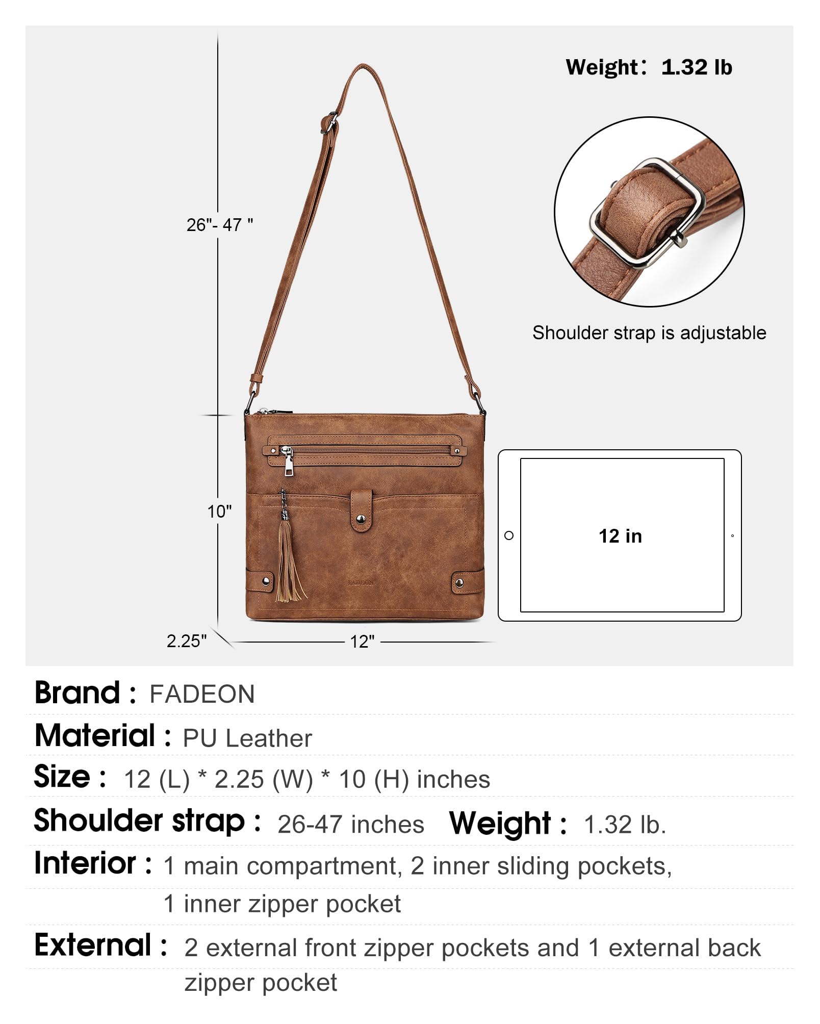 FADEON Large Crossbody Purses for Women Crossbody Bag, Designer Leather Cross Body Purses Multi Pocket Shoulder Bag