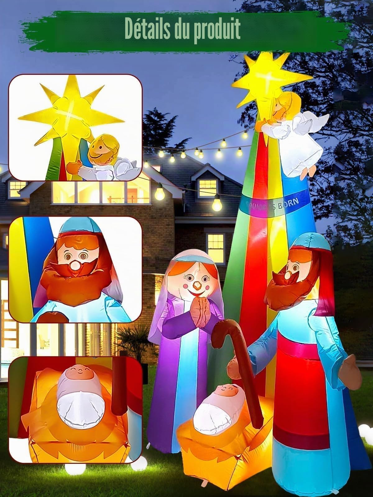 Kalolary Décoration Gonflable de Noël, D'épice Géante avec Lumières LED Intégrées pour Fête, Intérieur, Extérieur, Pelouse, Jardin (Crèche de Noël)