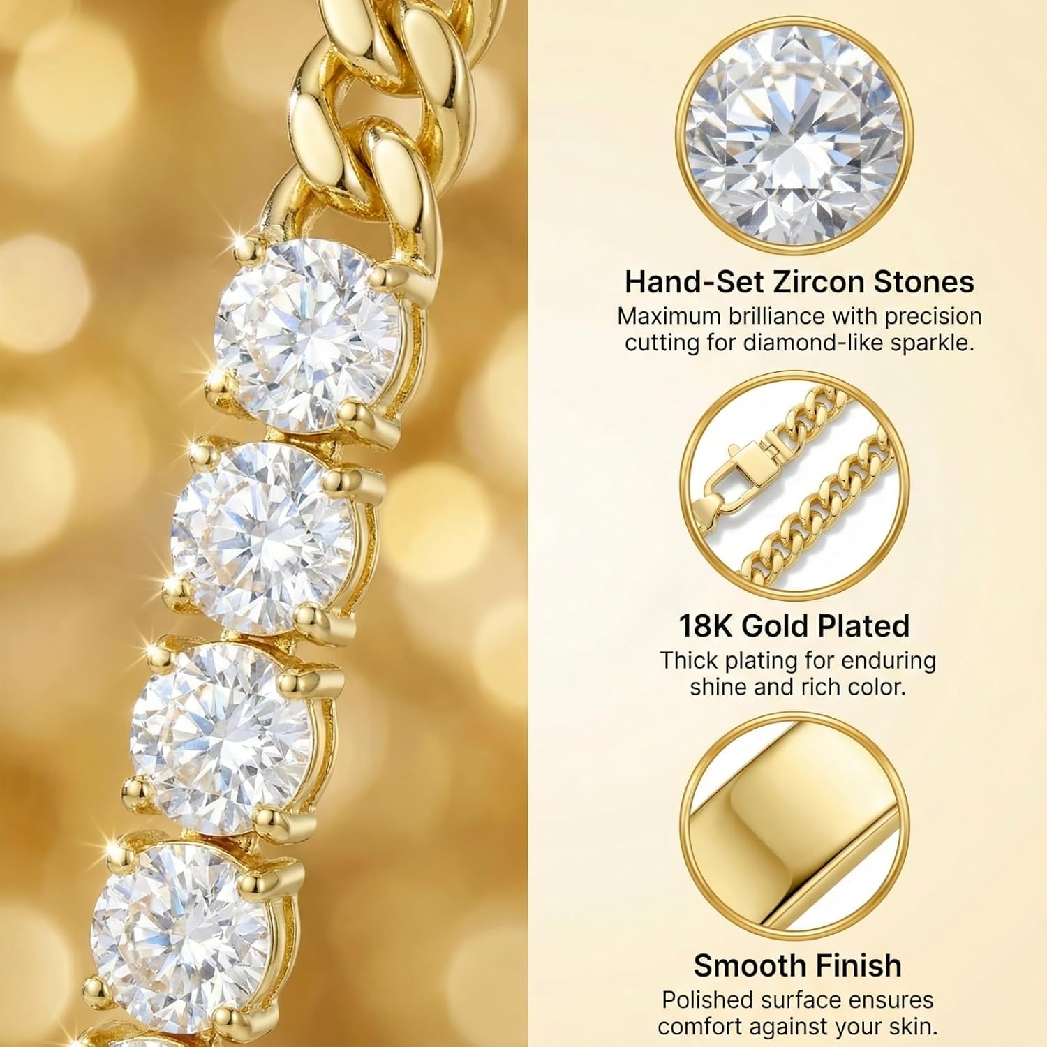 Bracelets for Women, Women's Jewelry Tennis Bracelet Cuban Link Chain 18K Gold Plated 6.5 Inch Chunky Link Chain 7 Stone Simulated Diamond Bracelet for Women, Birthday Valentine Wedding