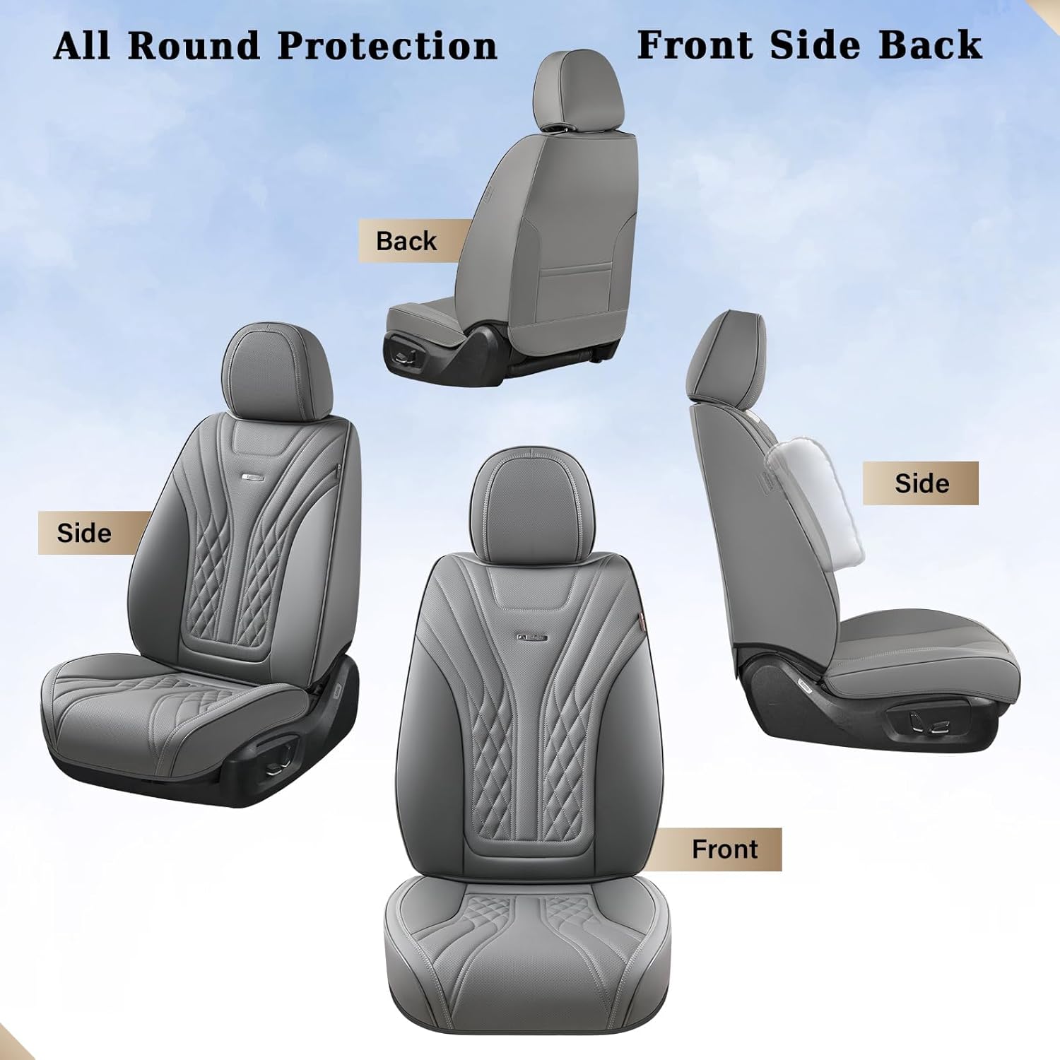 Coverado Car Seat Covers Full Set, 5 Seats Front Seat Cover and Back Seat Covers for Cars, Automotive Seat Covers Nappa Leather Waterproof Seat Covers, Car Seat Protectors Universal for Cars Gray