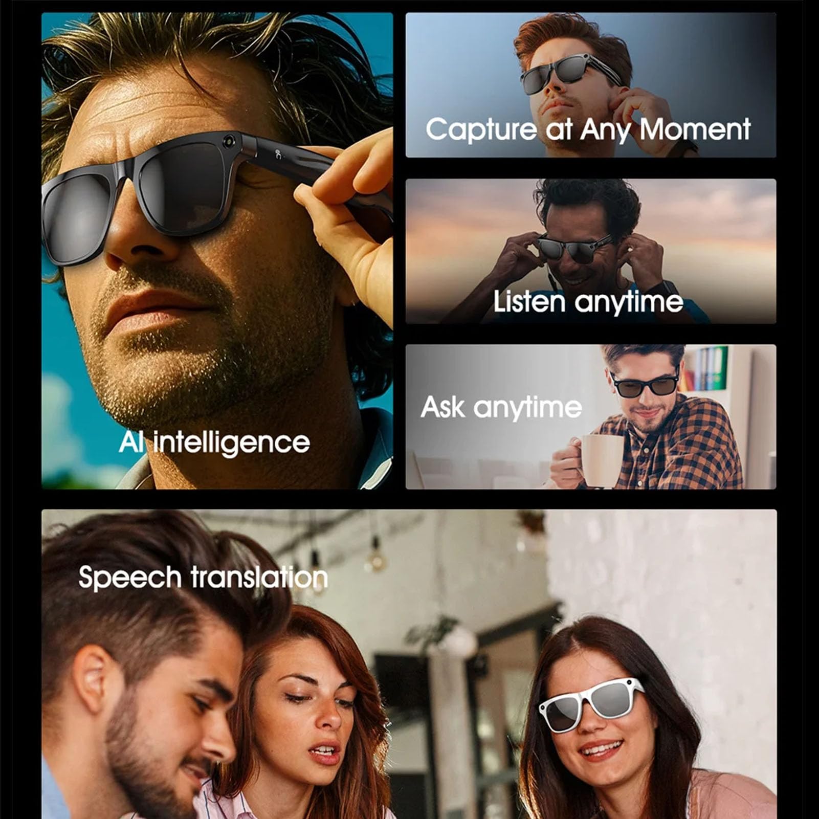 Denash Gafas Inteligentes de IA con Cámara 4K, Bluetooth 5.4, Traducción en Tiempo Real, Altavoces Duales para Viajes, Negocios y Música (Black)