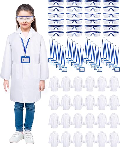 Xtinmee Juego de 24 juegos de 72 piezas de abrigo de laboratorio para niños, disfraz de médico con gafas, tarjetero de identificación, experimento