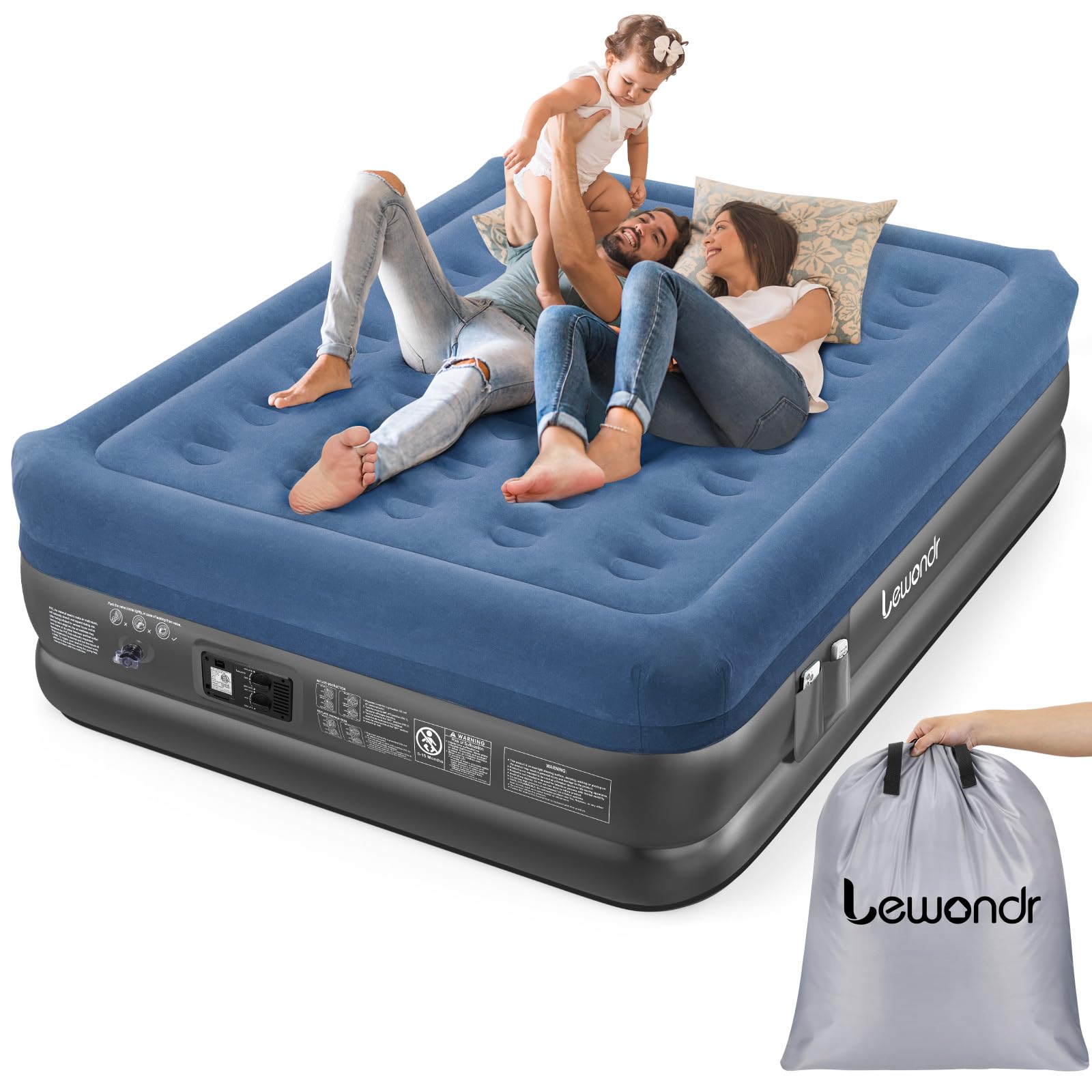 Queen Air Mattress with Built in Pump, 18" Deluxe Blow Up Mattress Airbed, Comfy Self Inflating Air Mattress, 3Min Fast Inflatable Mattress for Camping, Home, Guests, Travel(661lb MAX), Blue