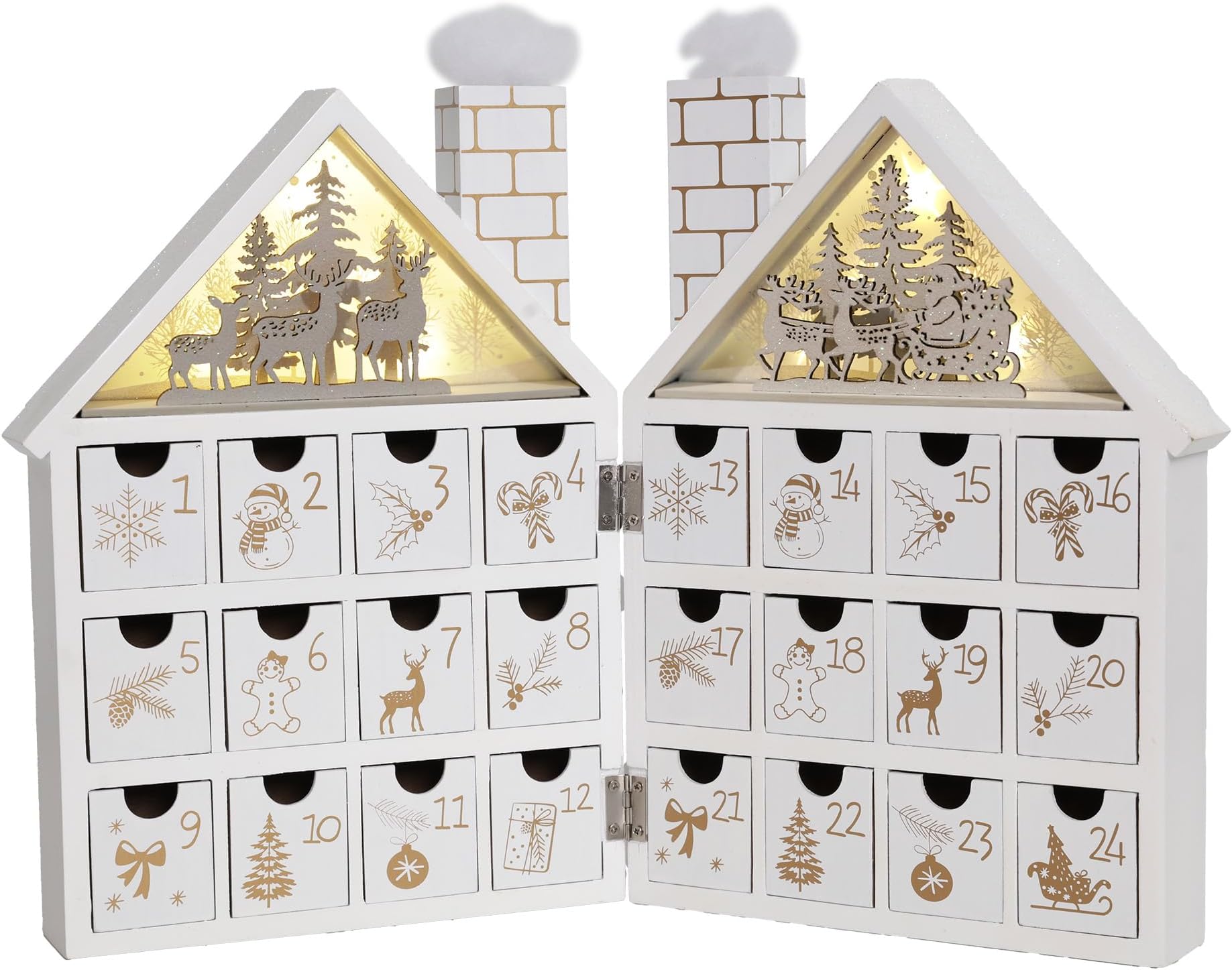 PIONEER-EFFORT Christmas Wooden Advent Calendar House with 24 Drawers and Led Lights Countdown to Christmas Decoration (White Forest)