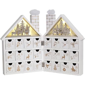 PE Christmas Advent Calendar House Wood for Filling with LEDs and 24 Drawers - Winter Forest Scene with Reindeer - Handmade Christmas Decoration White