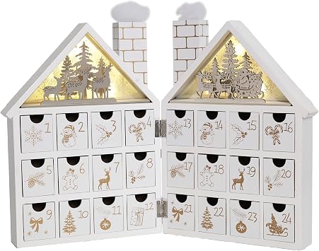 Wooden Christmas Advent Calendar House with 24 Drawers and LED Lights Countdown Calendar Christmas Decorations 2024, Candy Box White Forest