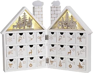 PIONEER-EFFORT Wooden Christmas Advent Calendar House with 24 Drawers and Led Lights Countdown Calendars for Christmas Decoration 2023, Candy Box (White Forest)