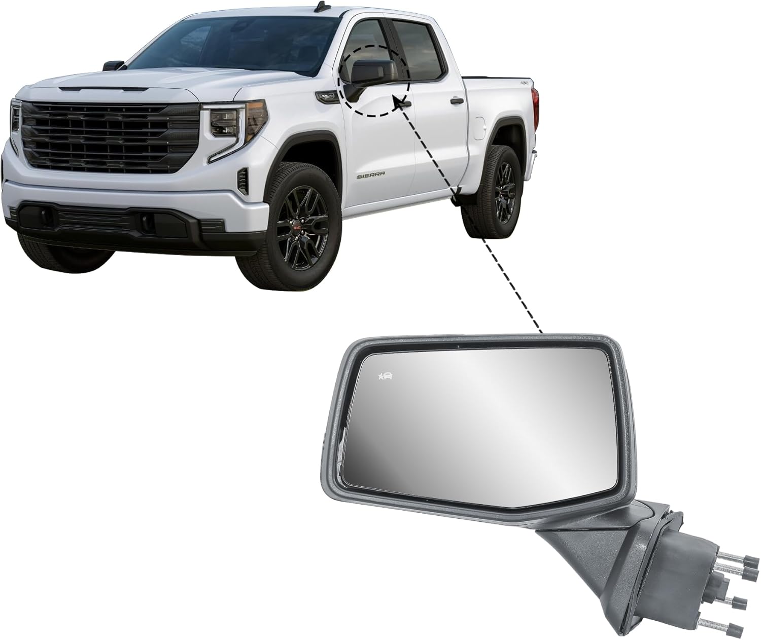Replacement Driver Left Side Door Mirror Textured Black and Chrome Cover Power Heated Glass Manual Folding With BLIS (Blind Spot Sensor) For GMC Sierra 1500 from 2019 to 2024
