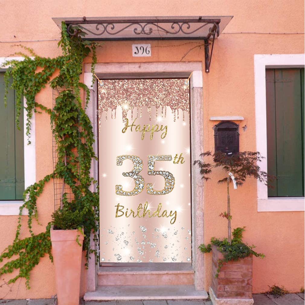 35. urodziny kobiety dekoracja, Happy 35 Birthday Door Banner Różowe złoto, 35. urodziny materiał szyld plakat dekoracja drzwi, 35. urodziny tło baner kobiety, impreza urodzinowa tabliczka powitalna