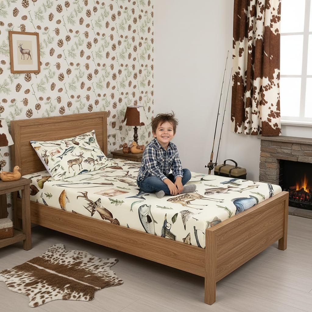 Erosebridal Hunting and Fishing Twin Bedding Set,Deer Hunting Fitted Sheet for Kids Boys Girls,Big Bass Pike Fish Bed Sheets,Rustic Cabin Lake House Bed Set 2Pcs Room Decor (No Flat Sheet)