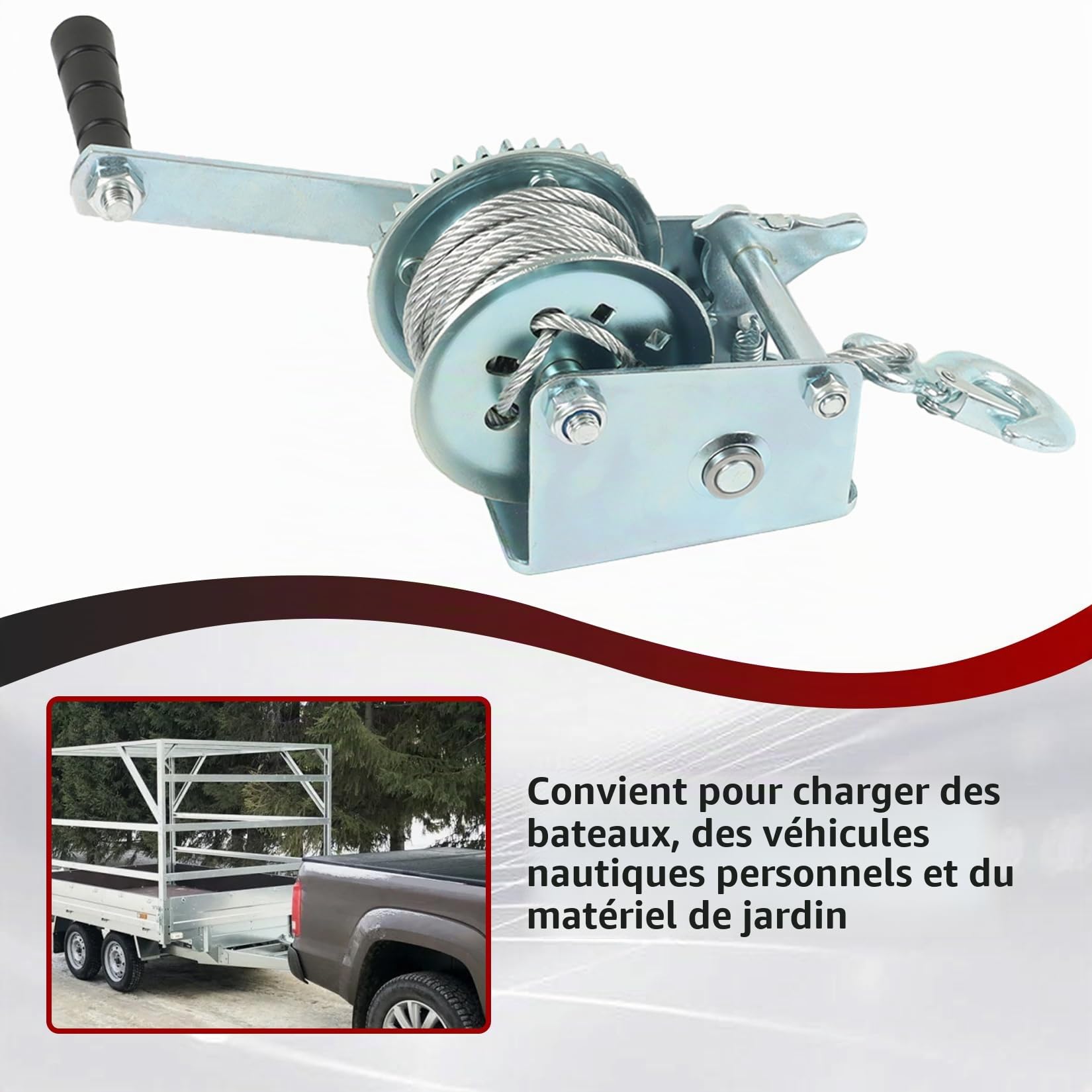Treuil manuel robuste de 272,2 kg avec fil d'acier de 8 m à cliquet bidirectionnel à cliquet bidirectionnel pour remorques ou remorques de bateaux, équipements personnels de motomarine et de pelouse