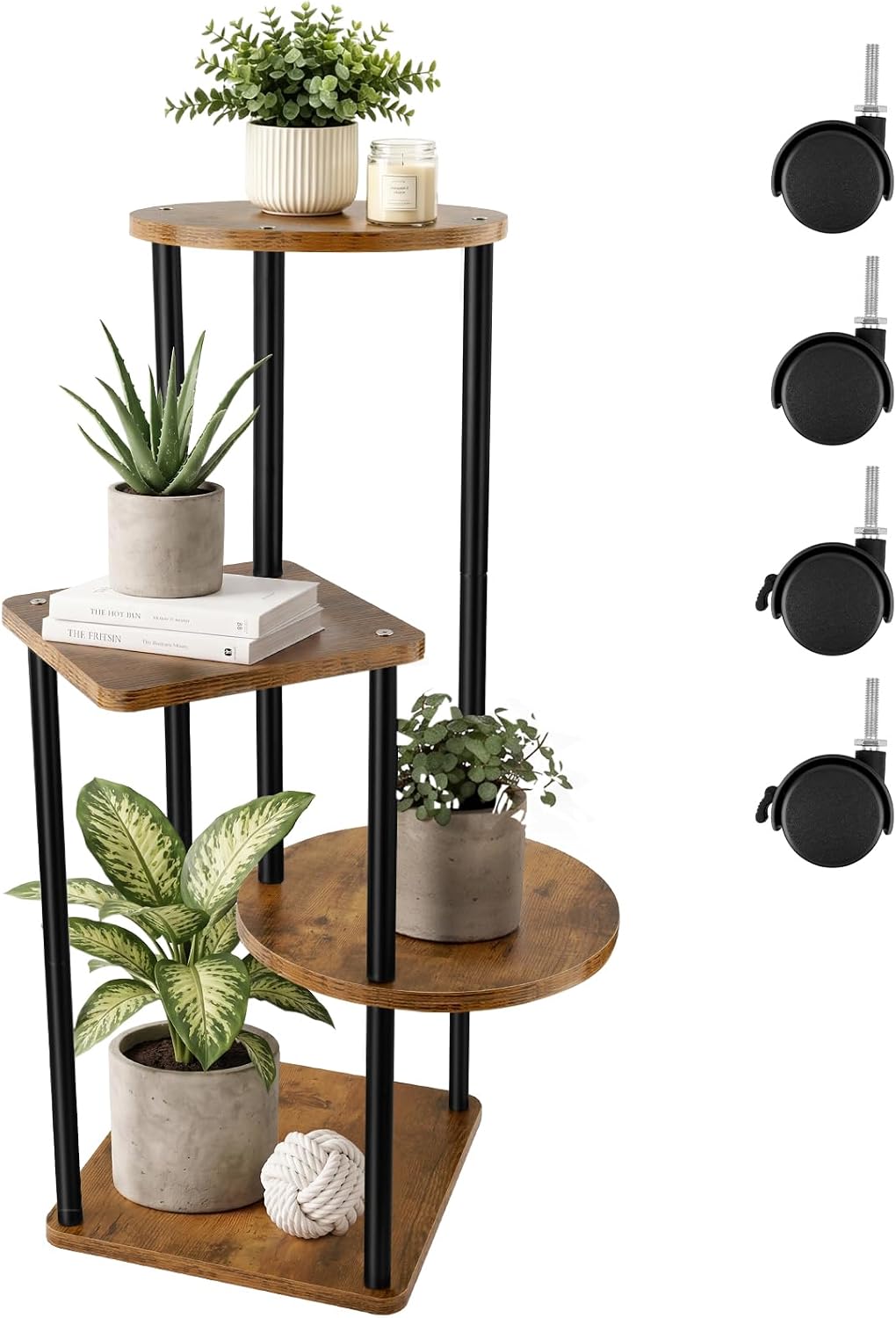 4-Tier Rolling Plant Stand, Detachable Wheels, Black & Brown Indoor Outdoor