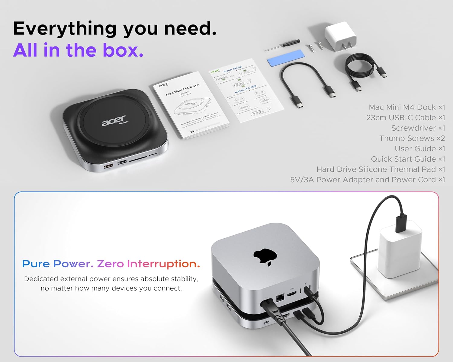 Acer Gadget Mac mini M4 Dock, 8TB M.2 NVMe/SATA SSD Enclosure & Stand, 4K@144Hz HDMI 2.1, 10Gbps USB-C & USB-A Hub, SD/TF Card Reader, 3.5mm Audio, Aluminum Docking Station for Mac mini M4 & M4 Pro