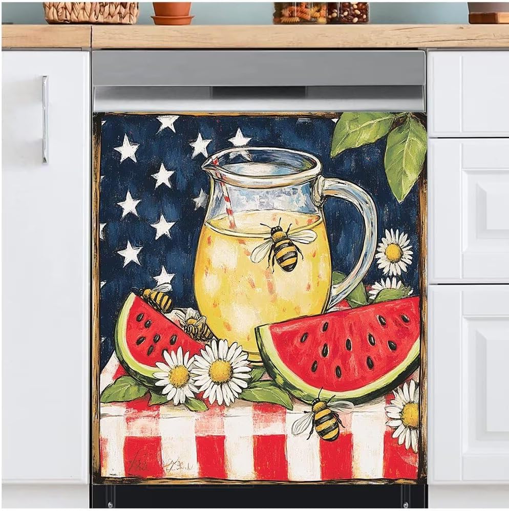 Watermelon Lemonade Dishwasher Magnetic Full Door Cover Bees Dishwasher Magnet Decorative Front Door Sticker, Country Daisy Magnet Refrigerator Skin Cover Home Appliance Stickers 23x26 in (Magnetic)