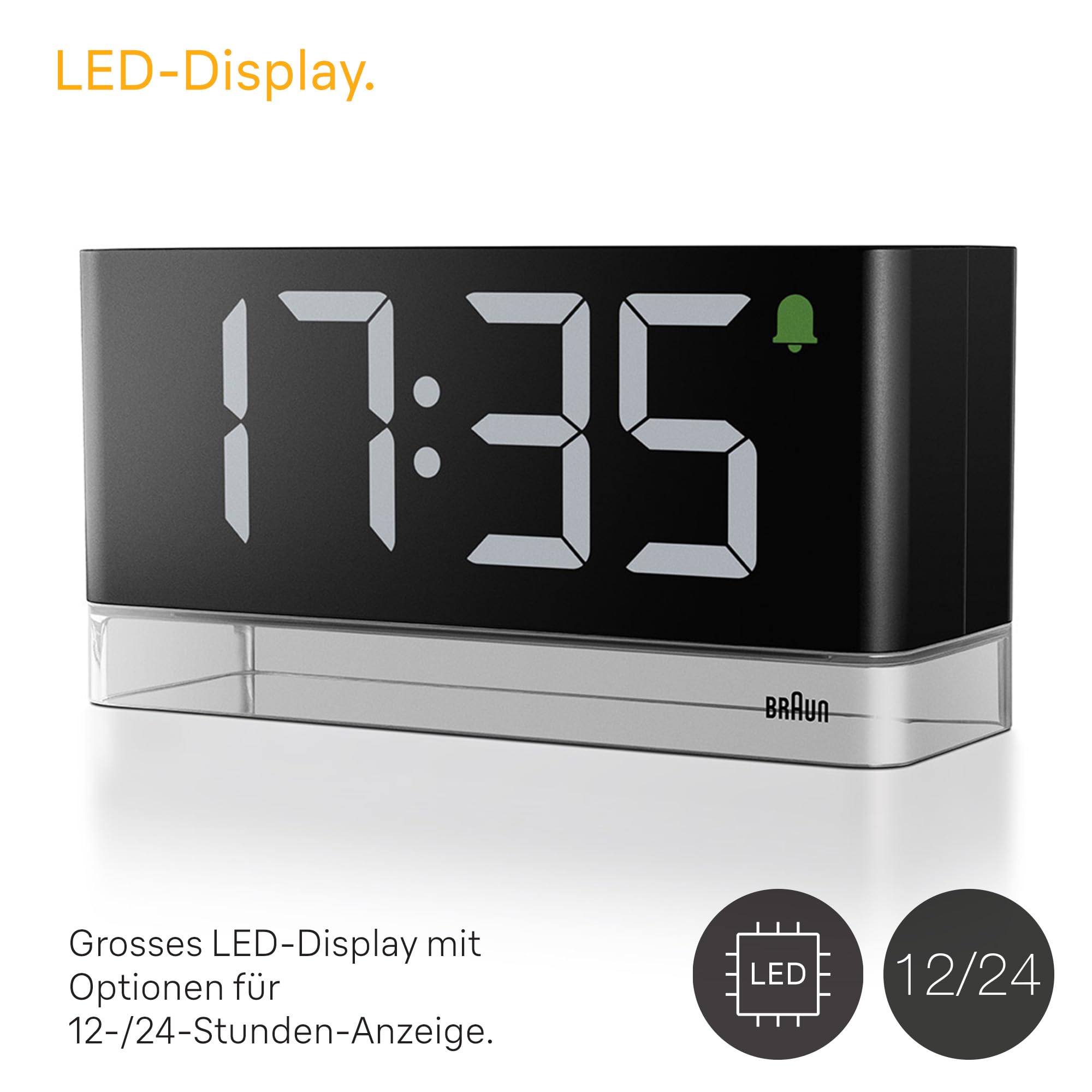 Braun Budzik cyfrowy z dużym wyświetlaczem LED, obszar dotykowy do drzemki, szybkie ustawienie, regulowana nocna lampka, alarm dźwiękowy, kolor czarny, model BC27B