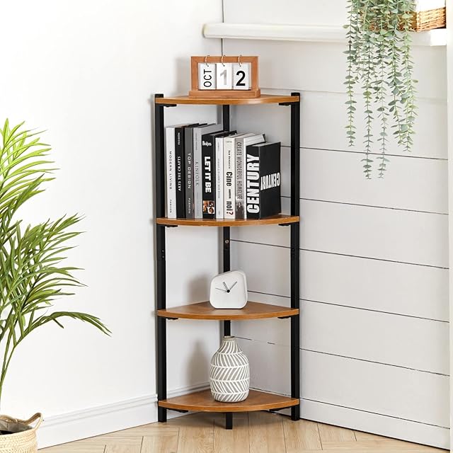 BTGGG Corner Shelf, 4 Tier Industrial Storage Shelf Bookcase 100cm Narrow Plant Stand Book Shelf, Home Office Storage Rack Organiser Display Ladder Shelf for Living Room Bedroom, Brown