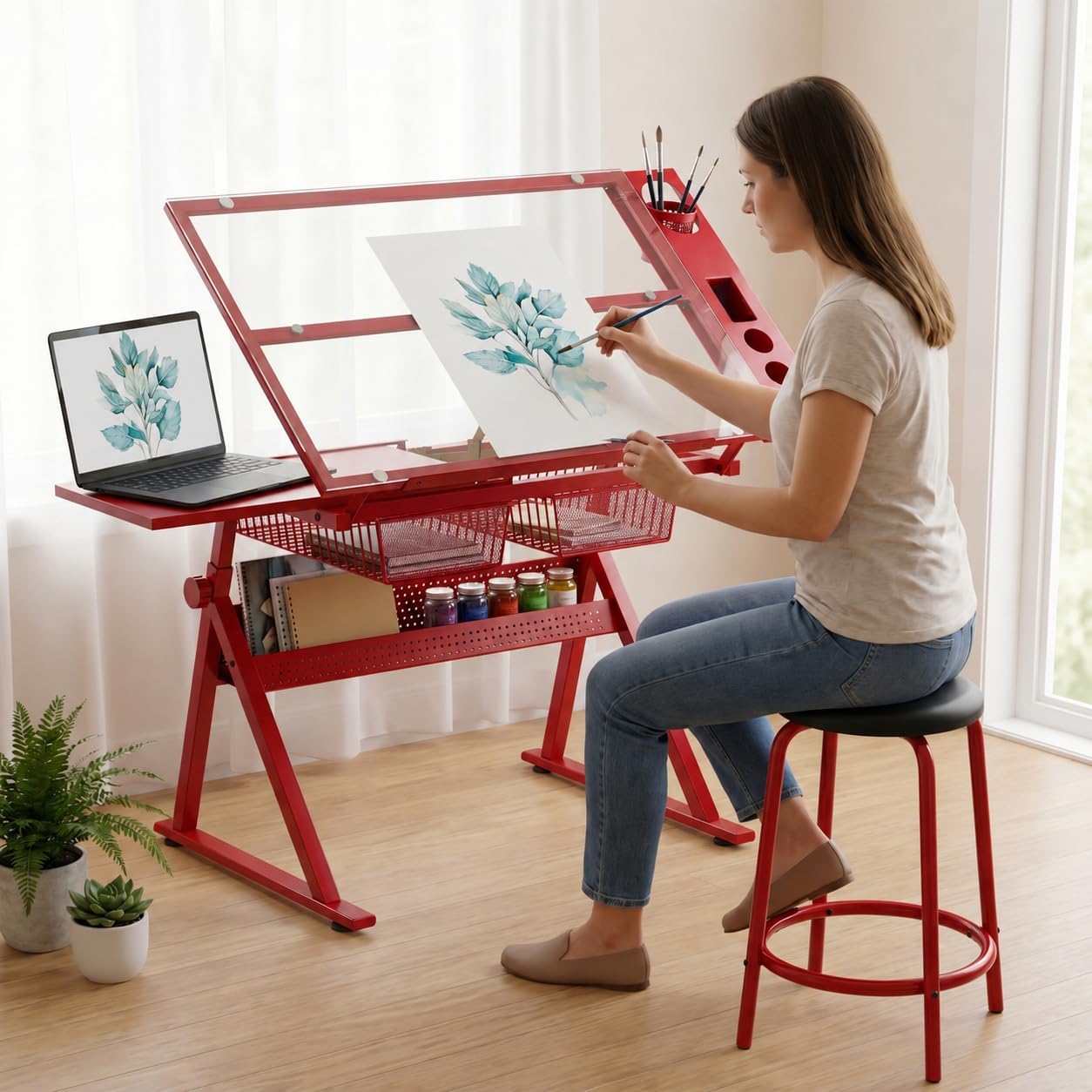 Art Table Art Desk Drafting Table - Height Adjustable Glass Drawing Table with Metal Drawers & Stool, Professional Artist Workstation for Painting, Sketching & Office Home Studio,Red