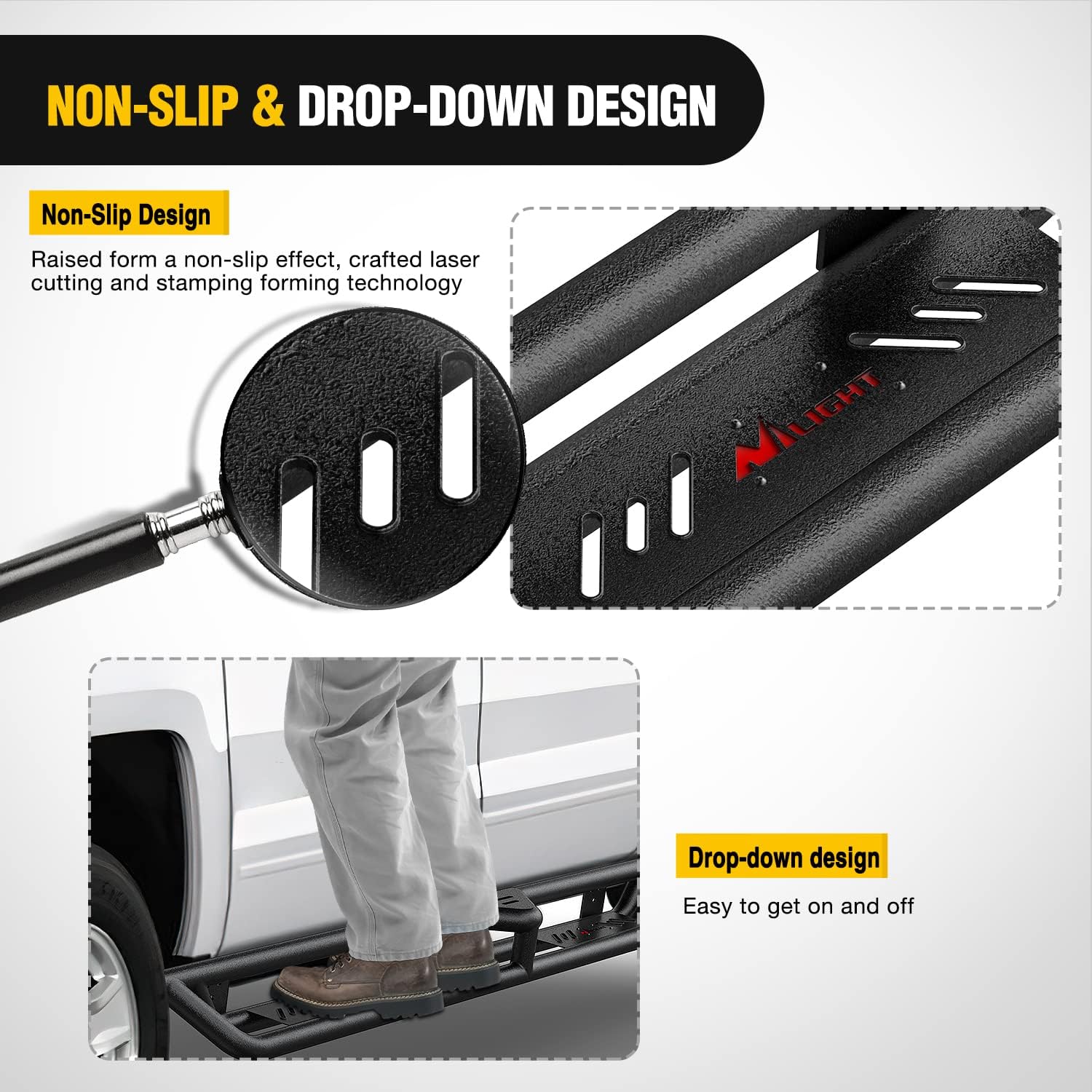 Nilight Running Boards for 2007-2018 Chevy Silverado/GMC Sierra 1500;2007-2019 Chevy Silverado/GMC Sierra 2500HD 3500HD Extended Dual-StageTextured Powder Coated Side Step Nerf Bars