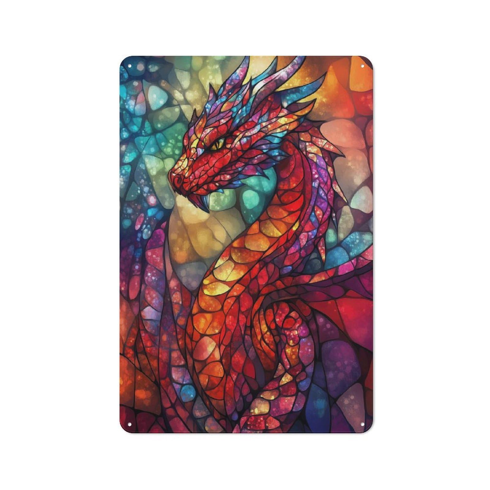 Vintage Metal Sign 30x20cm Featuring Glowing Stained Glass Dragon, Home Bar Decor for Cafe, Pub, Workshop Or Home Bar